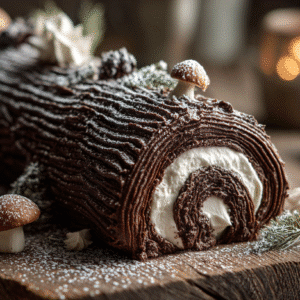 Yule Log Cake hero shot with chocolate, meringue mushrooms, and powdered sugar