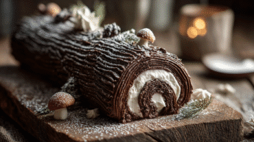 Yule Log Cake hero shot with chocolate, meringue mushrooms, and powdered sugar
