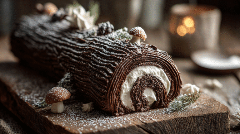 Yule Log Cake hero shot with chocolate, meringue mushrooms, and powdered sugar