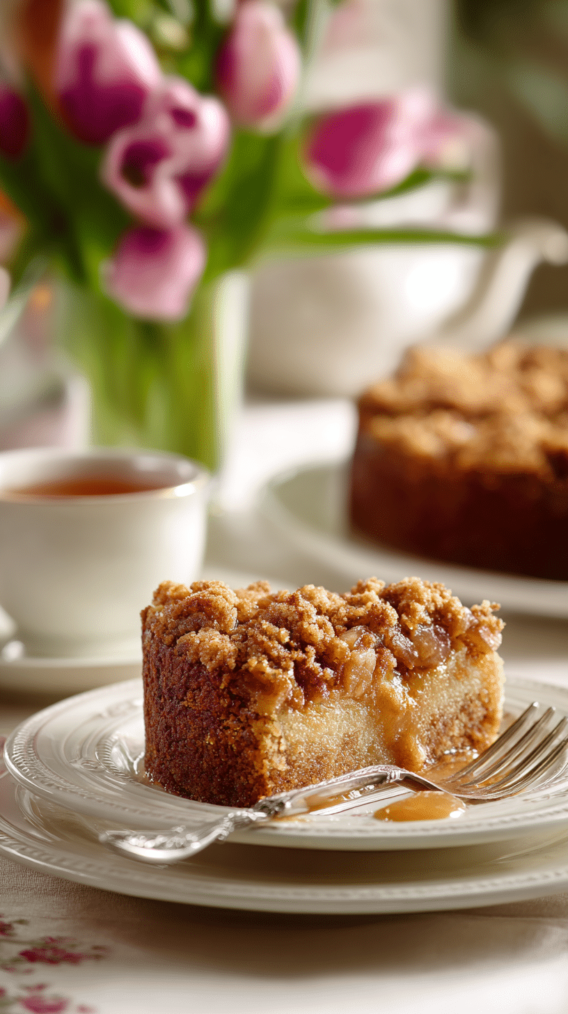 Apple Crumb Cake being served on beautiful dinnerware