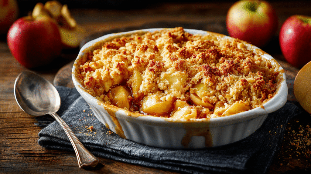 Baked Apple Crumble with golden brown topping and bubbling apples