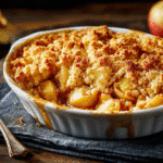 Baked Apple Crumble with golden brown topping and bubbling apples