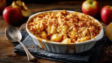 Baked Apple Crumble with golden brown topping and bubbling apples