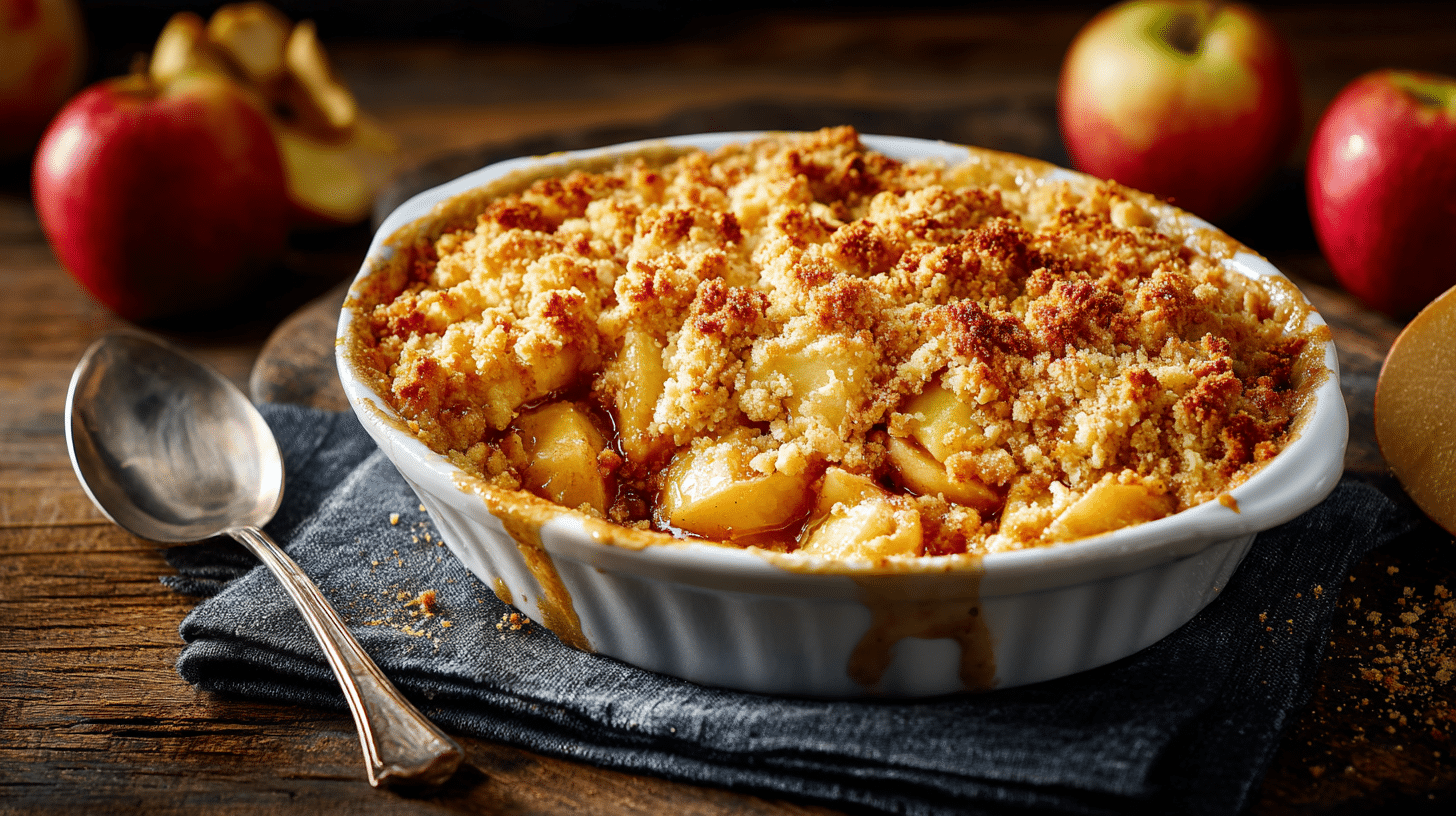Baked Apple Crumble with golden brown topping and bubbling apples