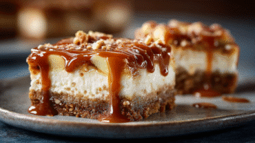 Caramel Apple Cheesecake Bars hero shot of the finished dish