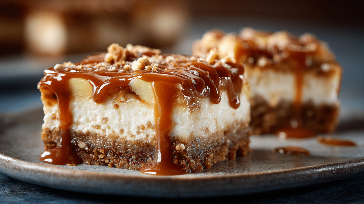 Caramel Apple Cheesecake Bars hero shot of the finished dish