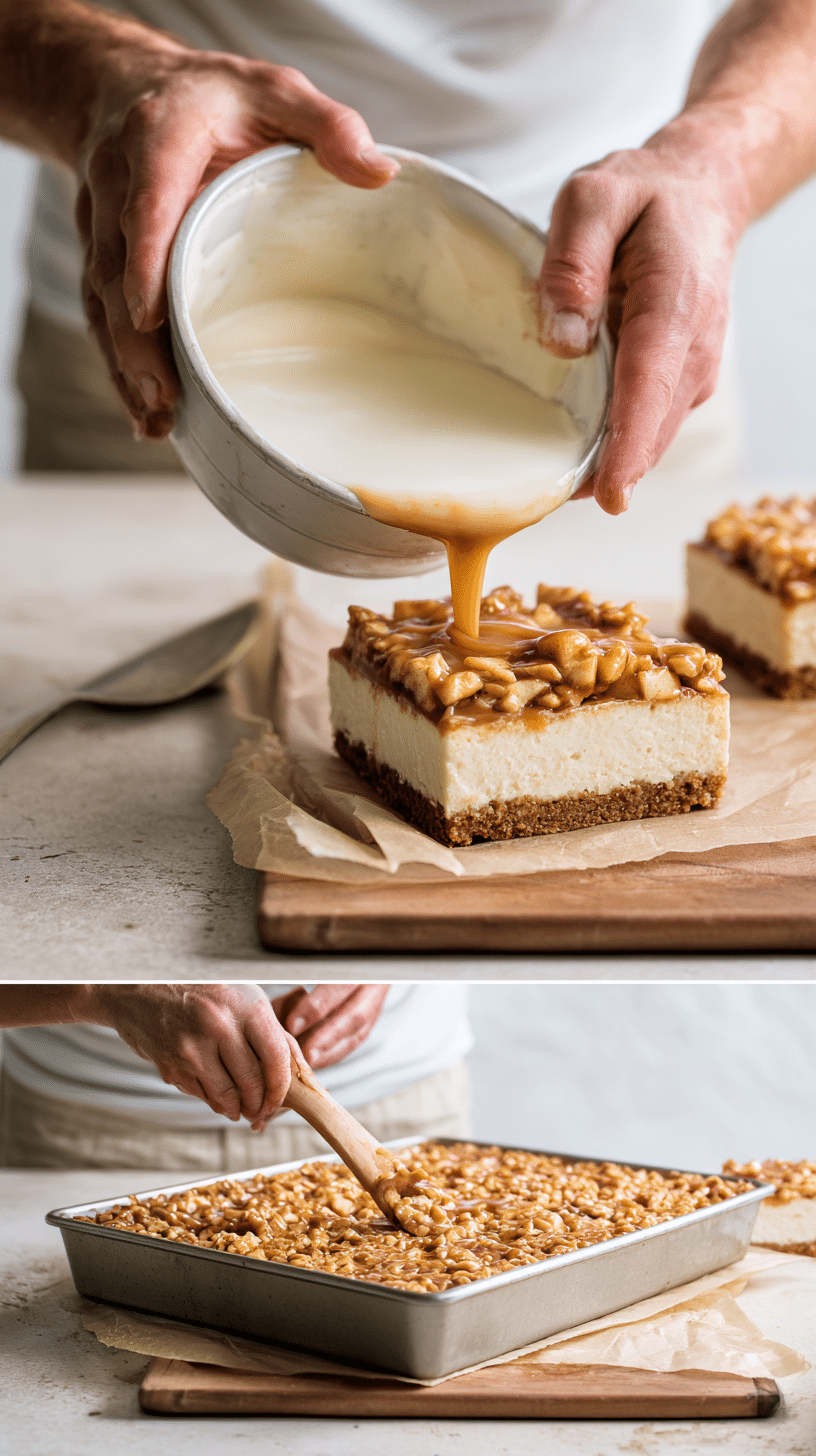 Preparing Caramel Apple Cheesecake Bars step by step cooking process