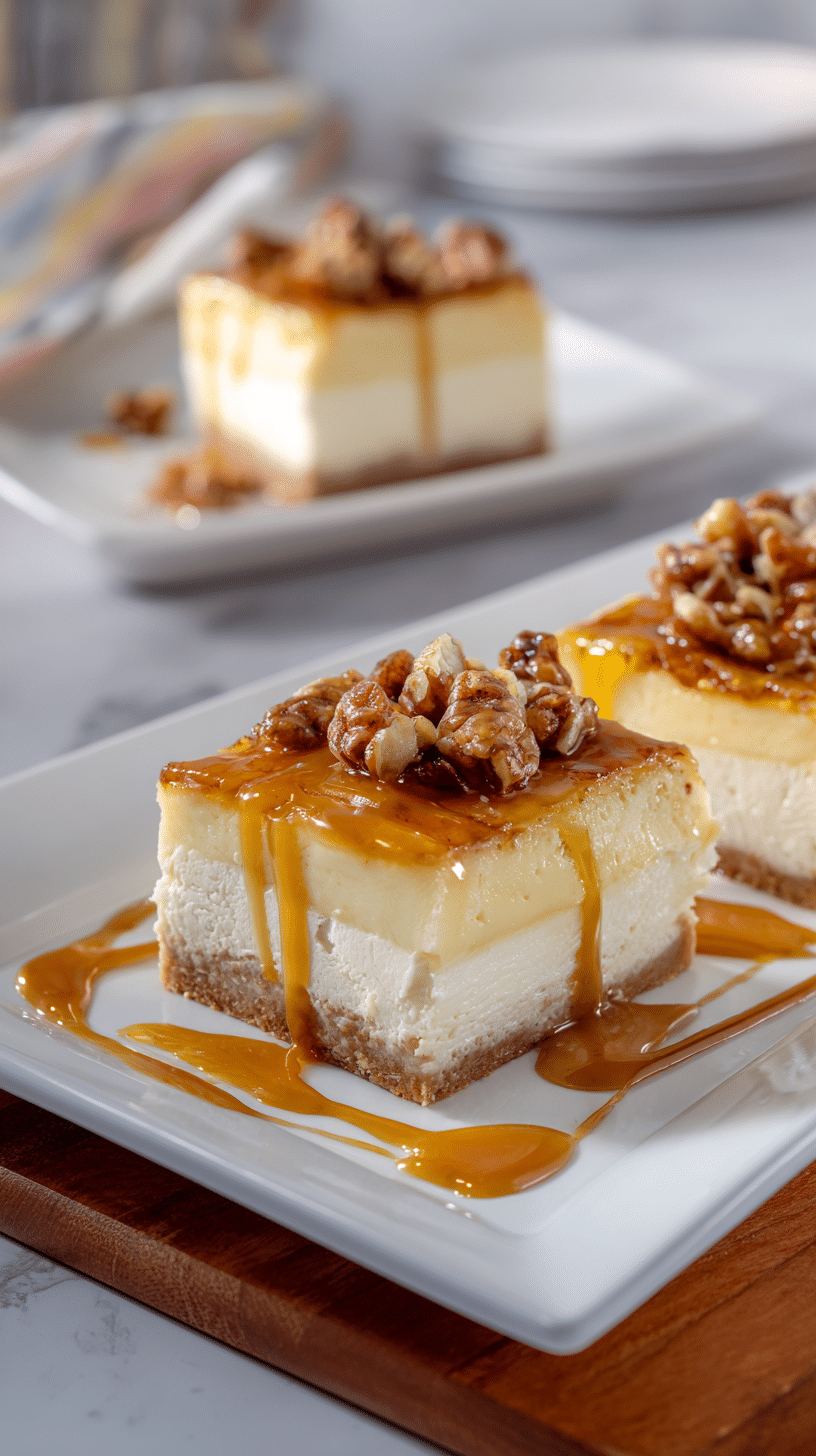 Caramel Apple Cheesecake Bars being served on beautiful dinnerware