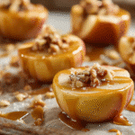 Hero shot of Caramel Apple Slices with glossy caramel and sea salt.