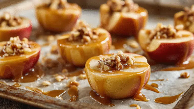 Hero shot of Caramel Apple Slices with glossy caramel and sea salt.