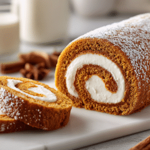 Hero shot of Creamy Pumpkin Spice Roll Cake with perfect swirl and creamy filling