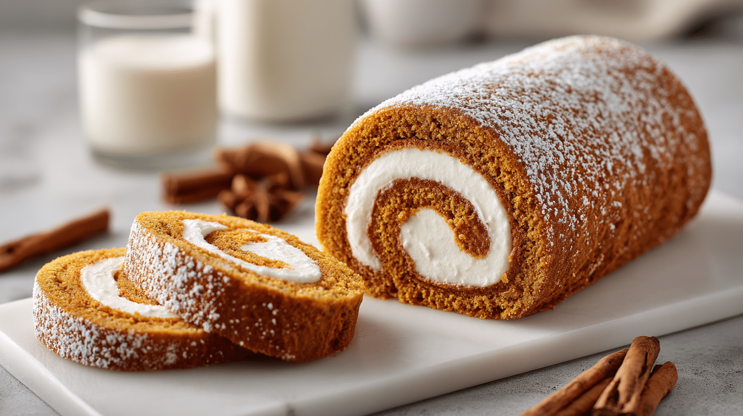 Hero shot of Creamy Pumpkin Spice Roll Cake with perfect swirl and creamy filling