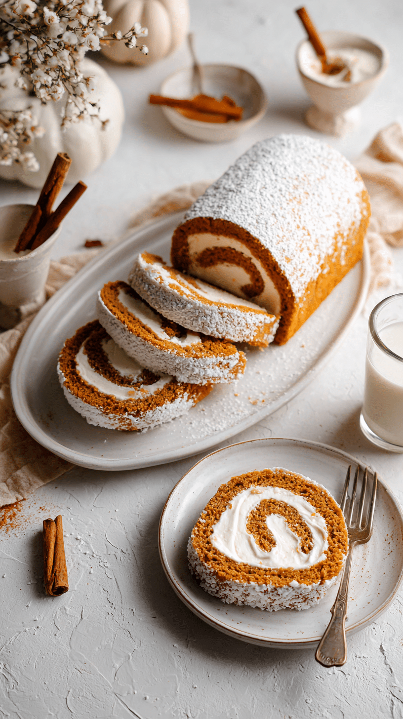 Creamy Pumpkin Spice Roll Cake being served on beautiful dinnerware