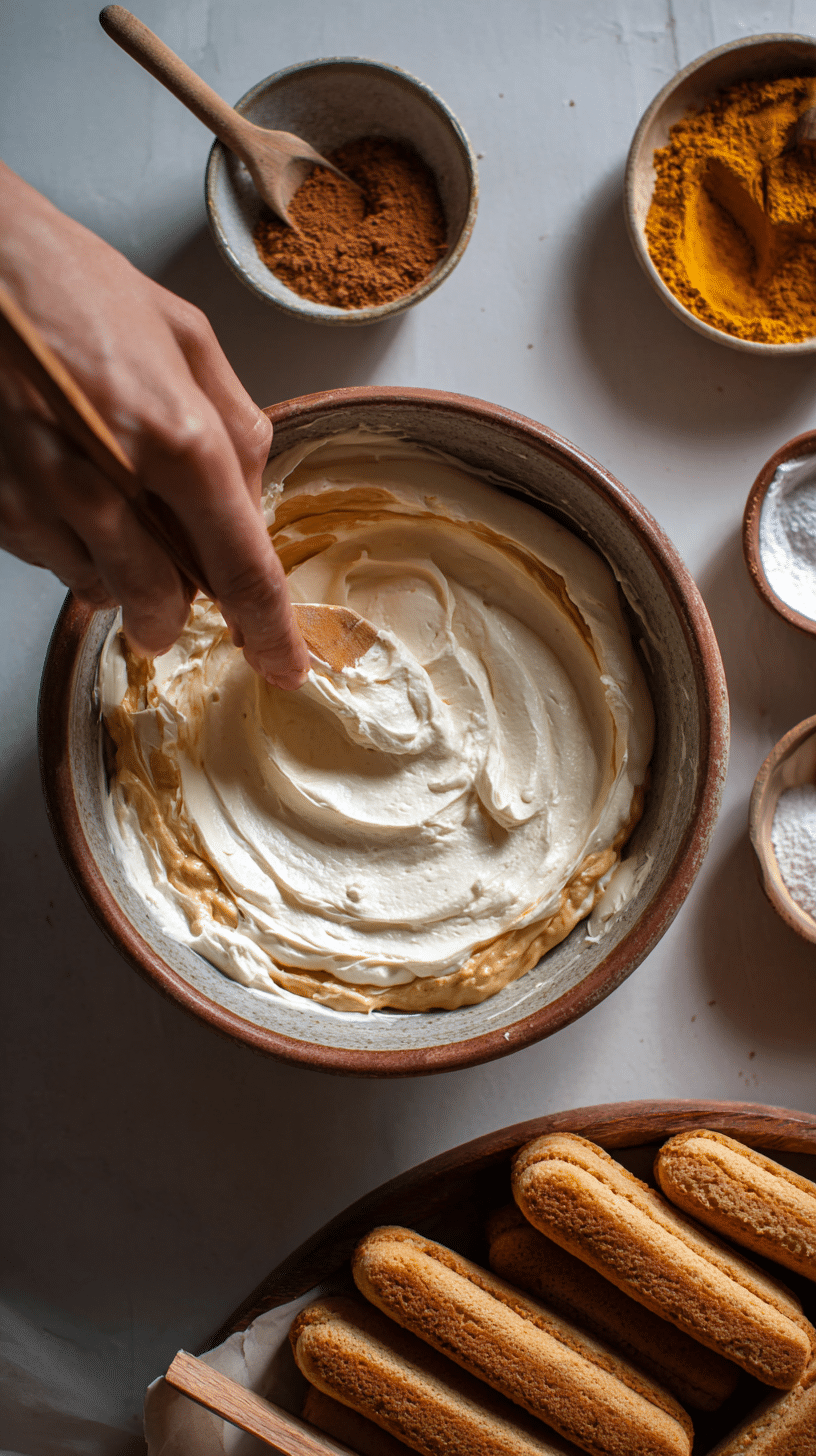 Preparing Creamy Pumpkin Tiramisu step by step cooking process