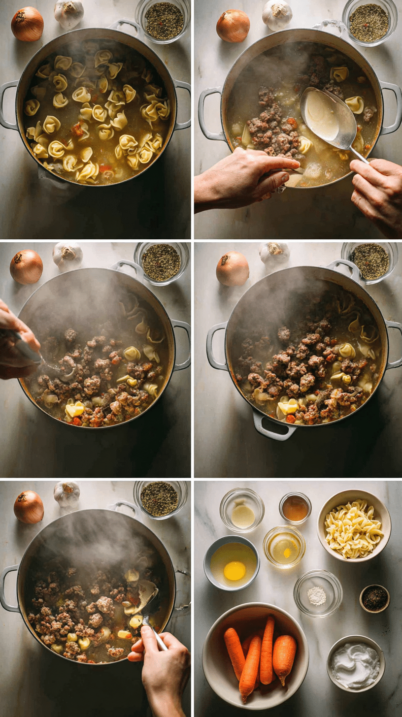 Preparing Creamy Sausage Tortellini Soup step by step cooking process