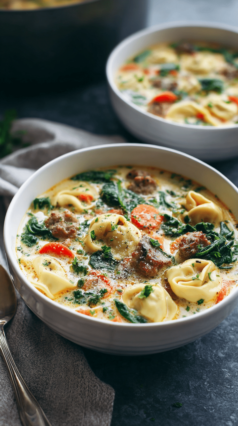 Creamy Sausage Tortellini Soup being served on beautiful dinnerware