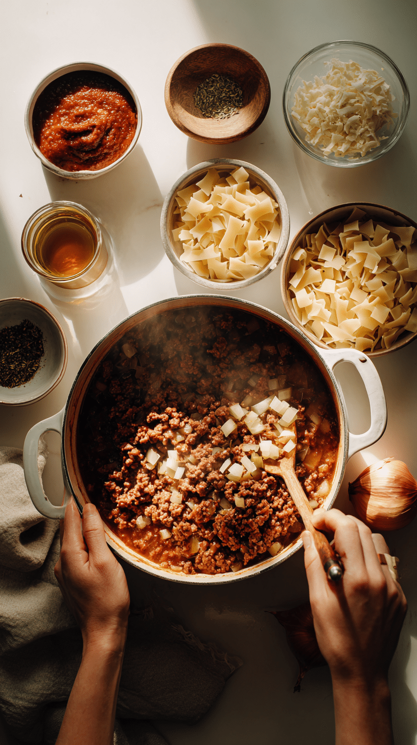 Preparing Lasagna Soup step by step cooking process