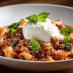 Lasagna Soup hero shot with melted cheese and herbs