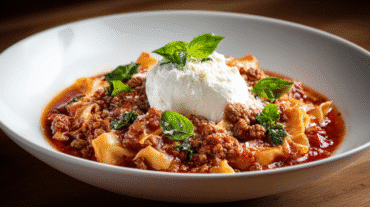 Lasagna Soup hero shot with melted cheese and herbs