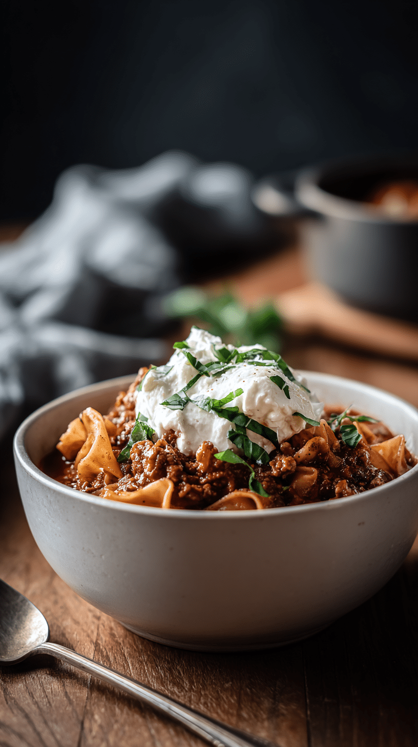 Lasagna Soup being served on beautiful dinnerware
