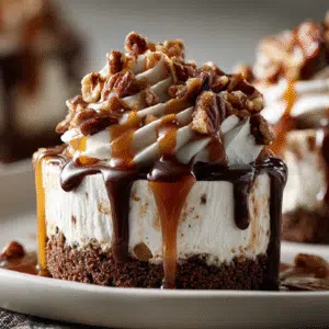 No Bake Turtle Mini Cheesecakes hero shot with caramel drizzle and pecans
