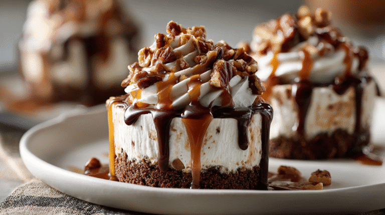 No Bake Turtle Mini Cheesecakes hero shot with caramel drizzle and pecans