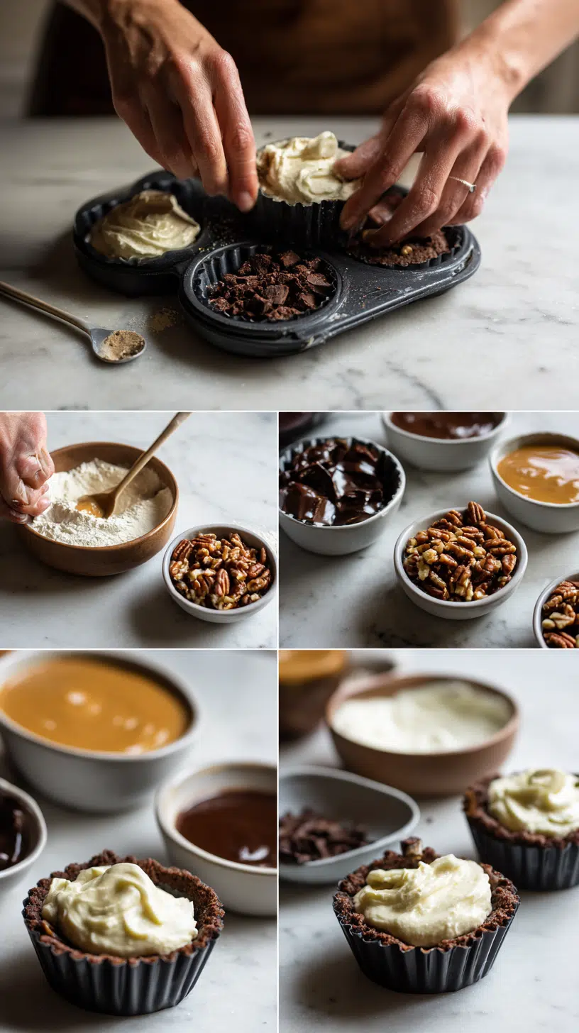 Preparing No Bake Turtle Mini Cheesecakes step by step cooking process