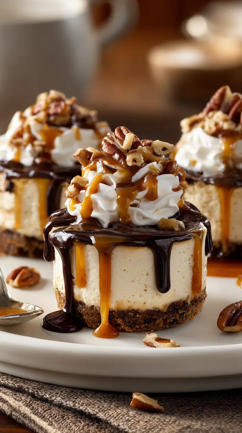 No Bake Turtle Mini Cheesecakes being served on beautiful dinnerware