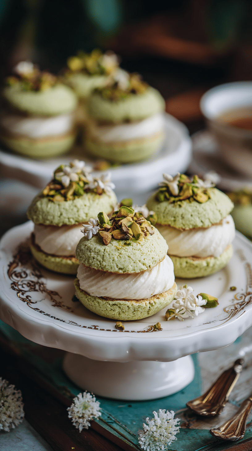 Pistachio Cream Cookies being served on beautiful dinnerware