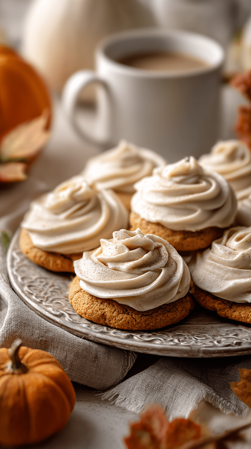 Pumpkin Cookies with Cinnamon Frosting being served on beautiful dinnerware