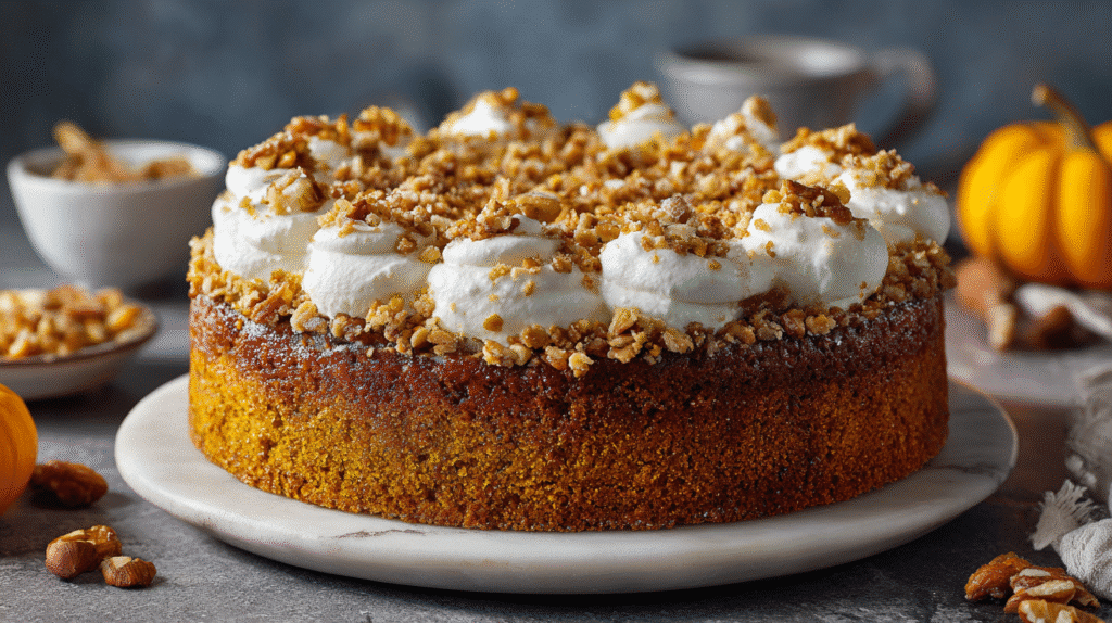 Hero shot of Pumpkin Crunch Cake with golden crust.