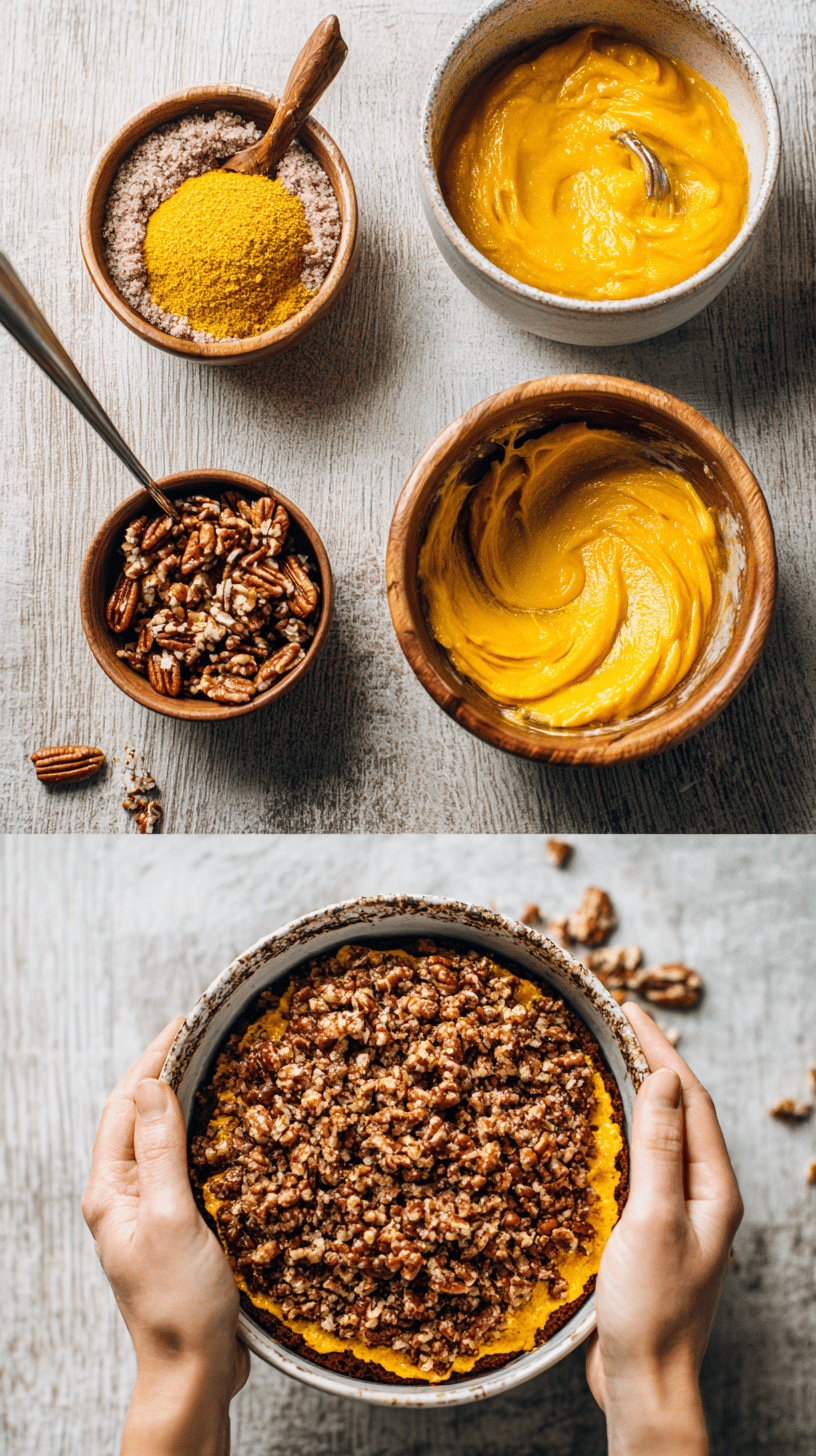 Preparing Pumpkin Crunch Cake step by step cooking process.