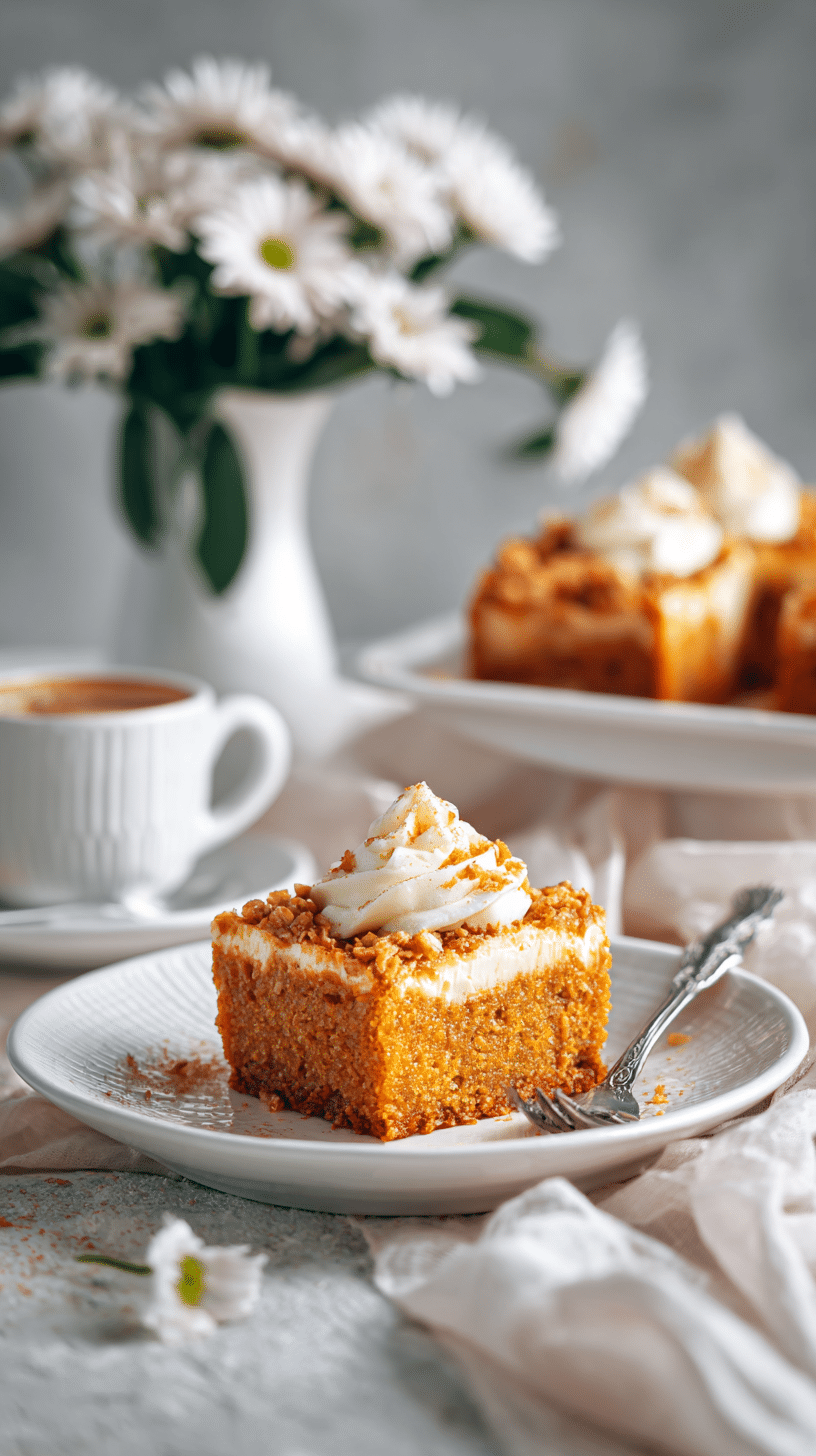Pumpkin Crunch Cake being served on beautiful dinnerware.
