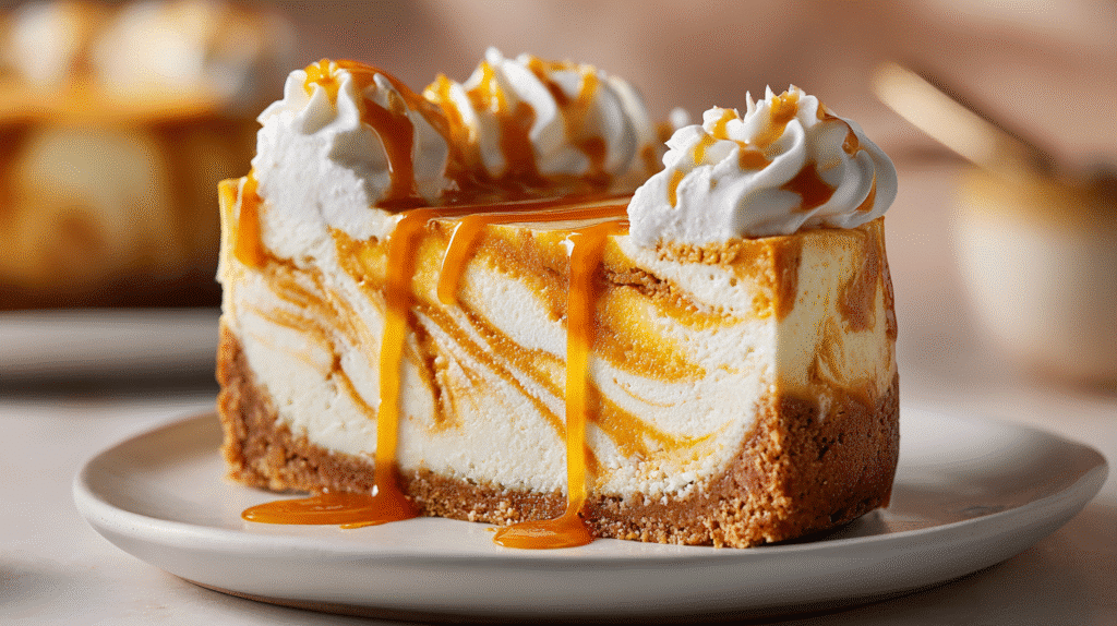 Hero shot of Pumpkin Swirl Cheesecake with creamy texture and pumpkin spice swirls
