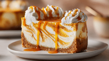 Hero shot of Pumpkin Swirl Cheesecake with creamy texture and pumpkin spice swirls