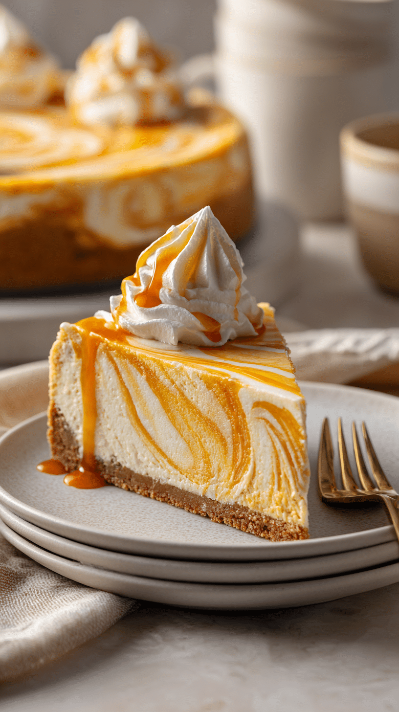 Pumpkin Swirl Cheesecake being served on beautiful dinnerware