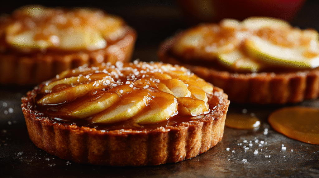 Salted Caramel Apple Tarts hero shot with golden crust and caramel drizzle