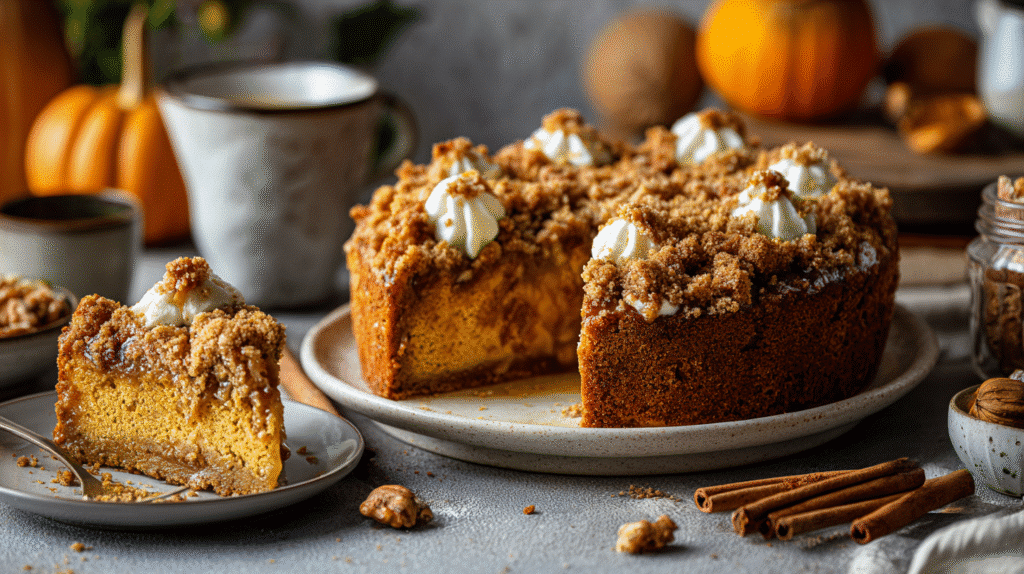 Hero shot of Ultimate Autumn Pumpkin Spice Crumble Cake with crumbly topping
