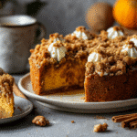 Hero shot of Ultimate Autumn Pumpkin Spice Crumble Cake with crumbly topping