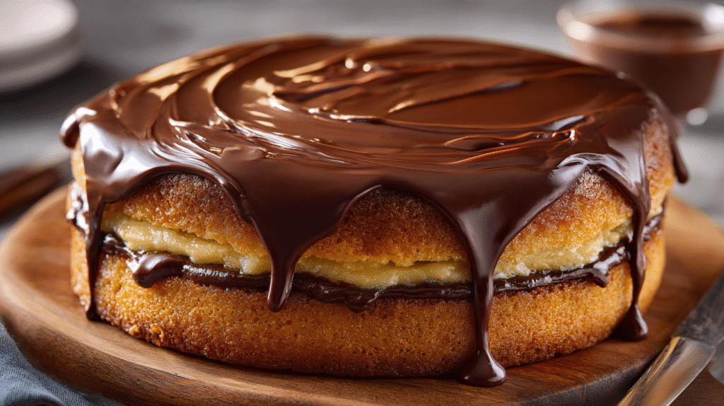 Ultimate Boston Cream Pie with glossy chocolate ganache and fluffy layers