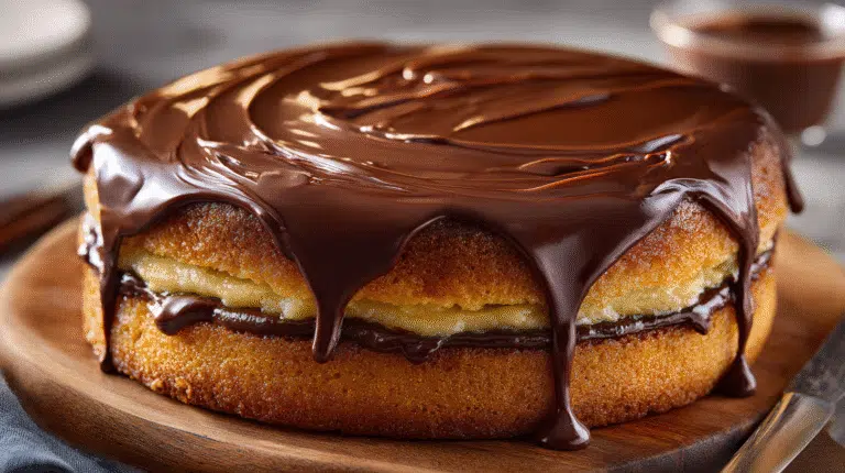 Ultimate Boston Cream Pie with glossy chocolate ganache and fluffy layers