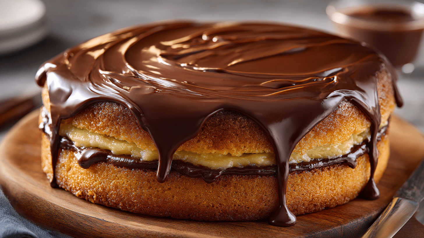 Ultimate Boston Cream Pie with glossy chocolate ganache and fluffy layers