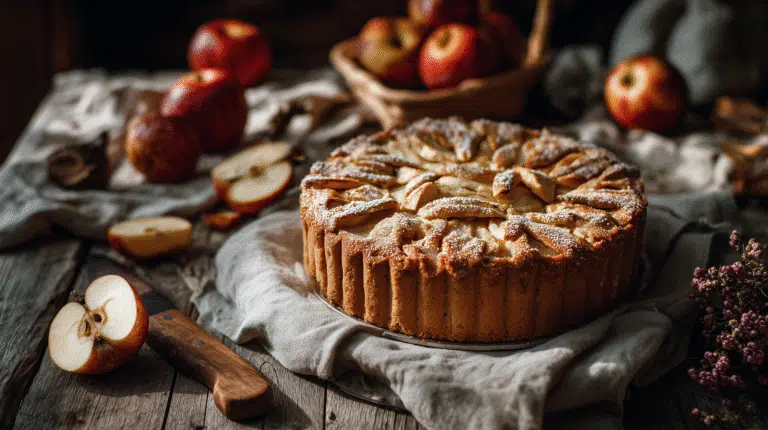 Grandma's Classic Apple Pie with golden lattice crust and glossy caramel sauce