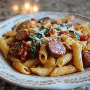 Hero shot of Creamy Cajun Chicken Pasta Bake with golden top and vibrant bell peppers