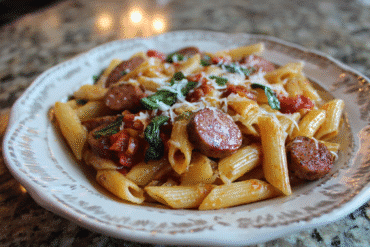 Hero shot of Creamy Cajun Chicken Pasta Bake with golden top and vibrant bell peppers