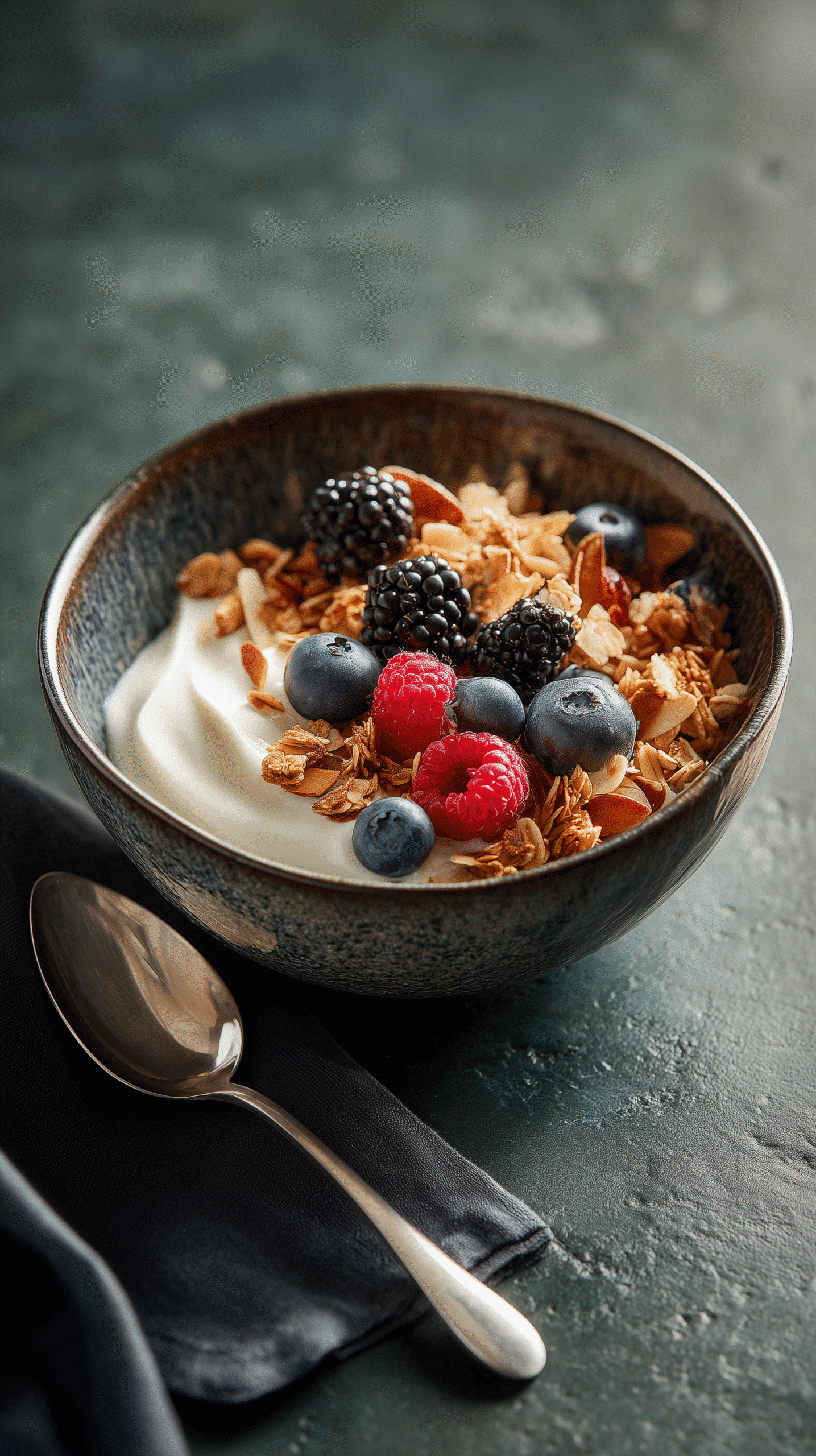 Golden Maple Pecan Granola being served on beautiful dinnerware