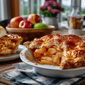Grandma's Classic Apple Pie with golden lattice crust and glossy caramel sauce