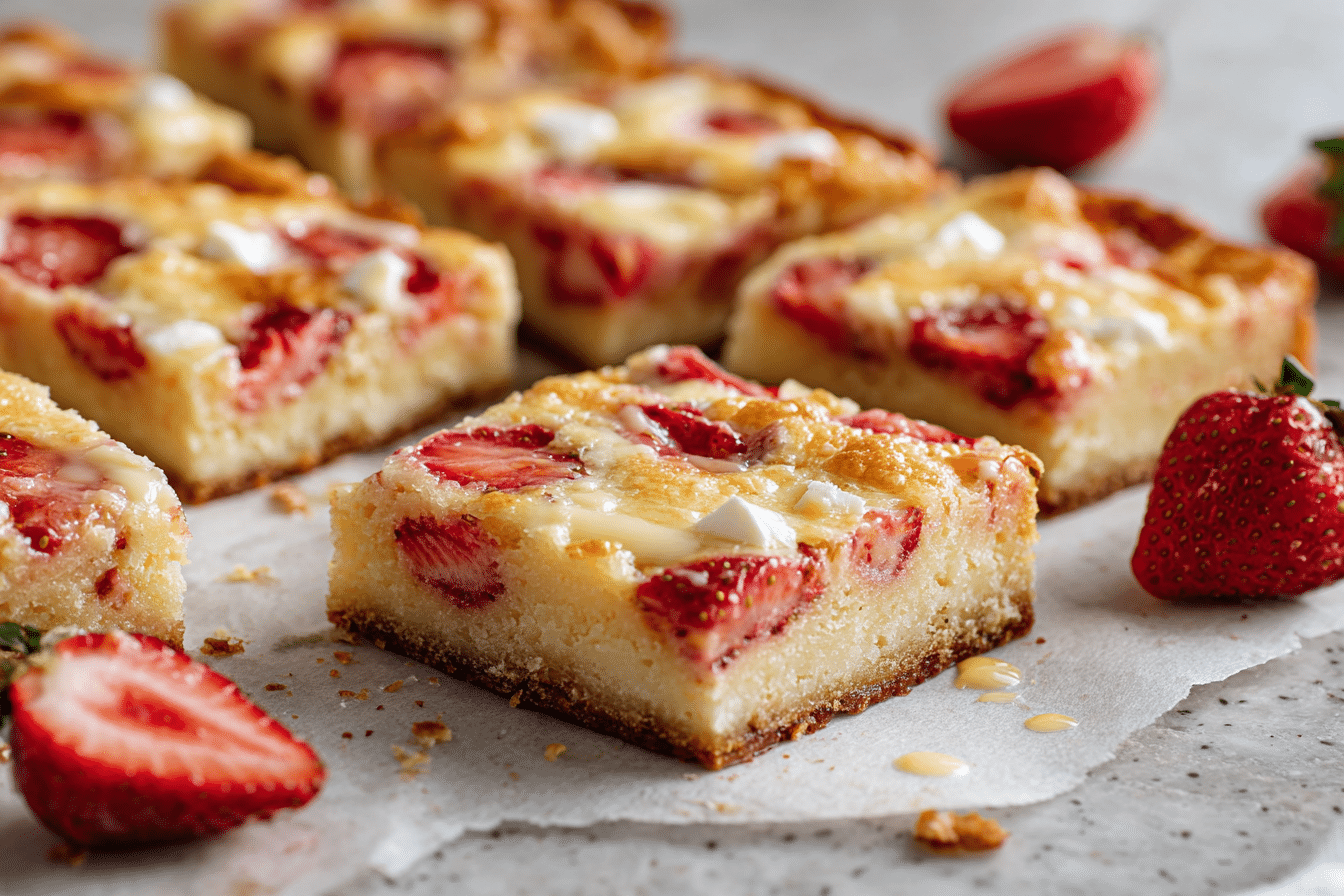 Strawberry White Chocolate Gooey Bars featured