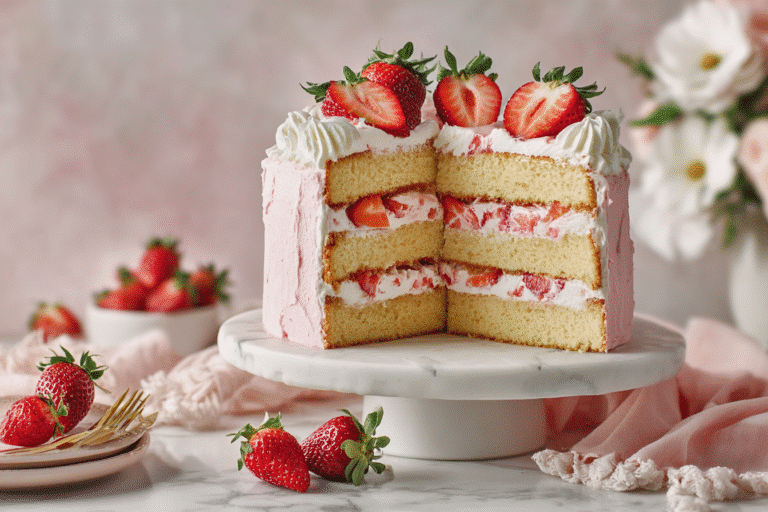 Irresistible Romantic Vanilla Layer Cake with Fresh Strawberry Filling featured