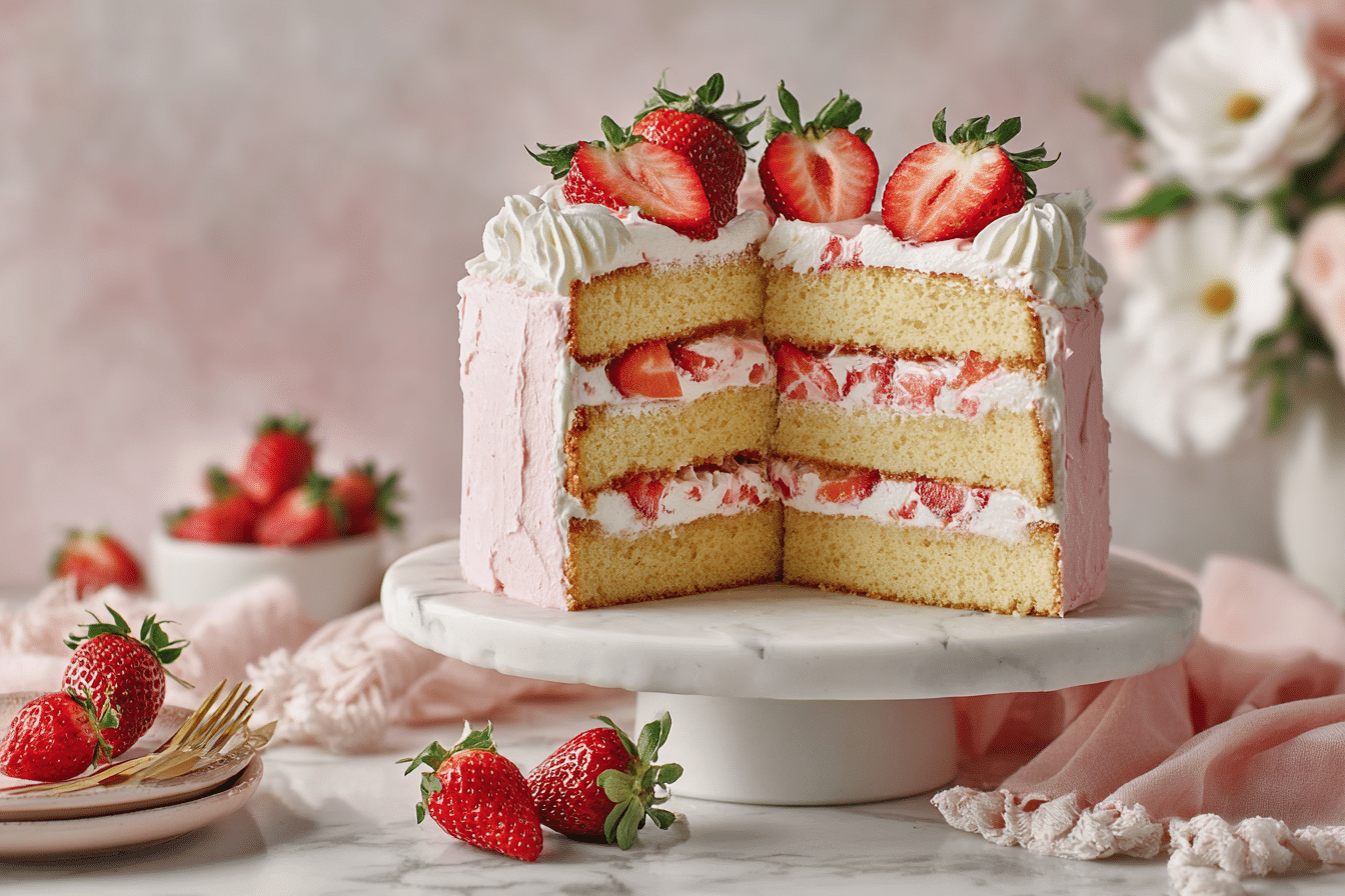 Irresistible Romantic Vanilla Layer Cake with Fresh Strawberry Filling featured